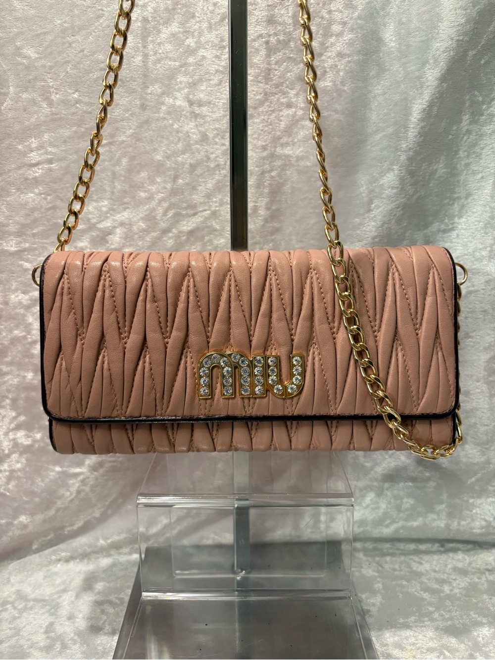 Miu Miu Matelassé Lambskin Rhinestone Continental Wallet Pink COA